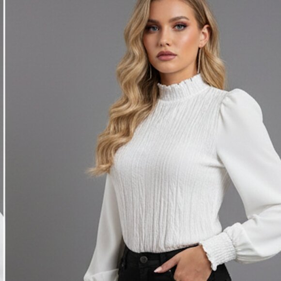 Mock Neck Lantern Sleeve Blouse White - Picture 3 of 7